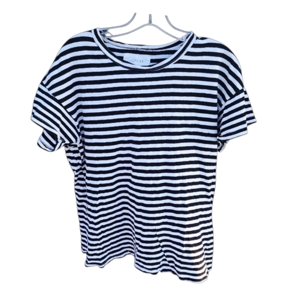 THE GREAT. Black and White Striped Tee Small